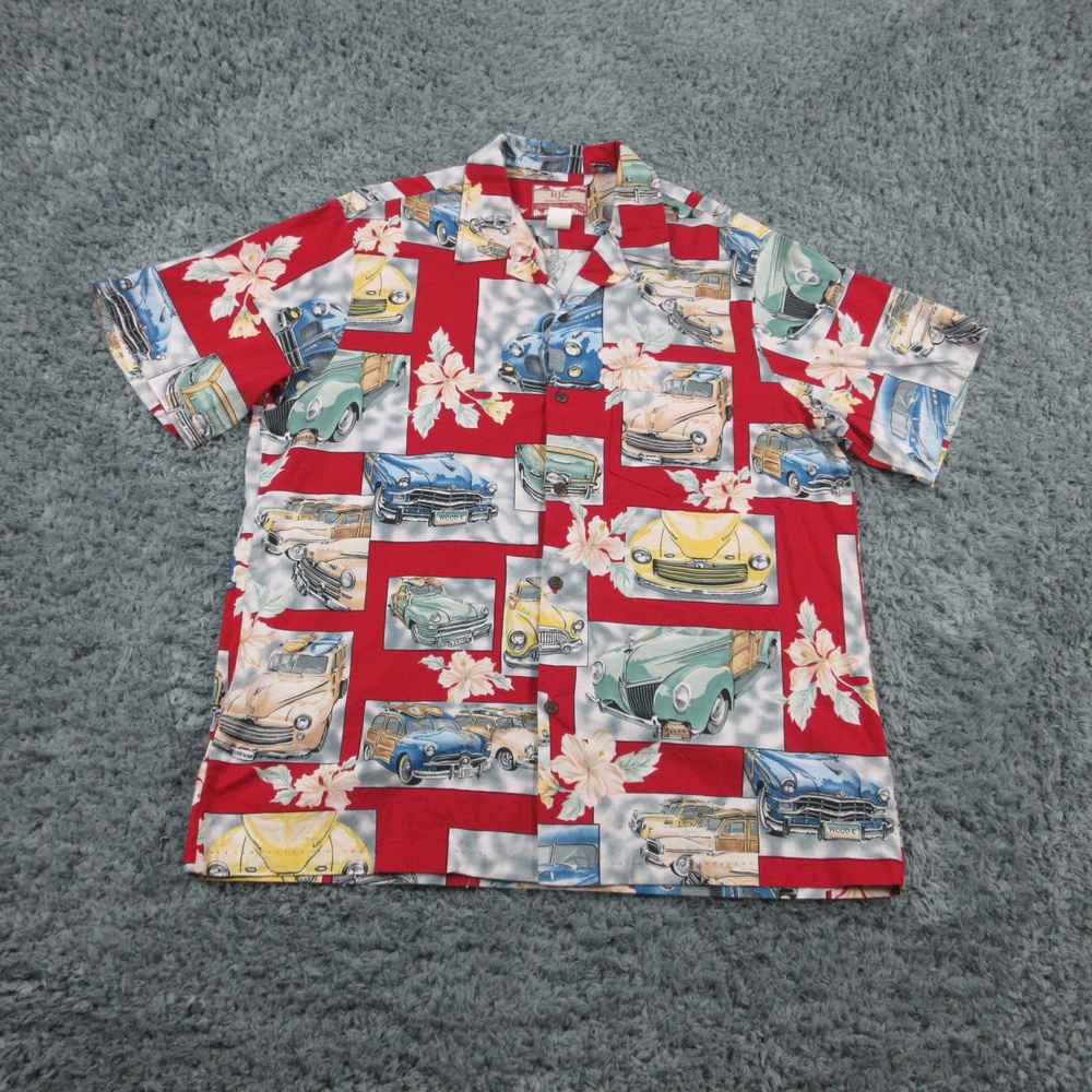 RJC Hawaiian Shirt Mens XL Red Classic Car Print Button Up 100% Cotton USA Aloha